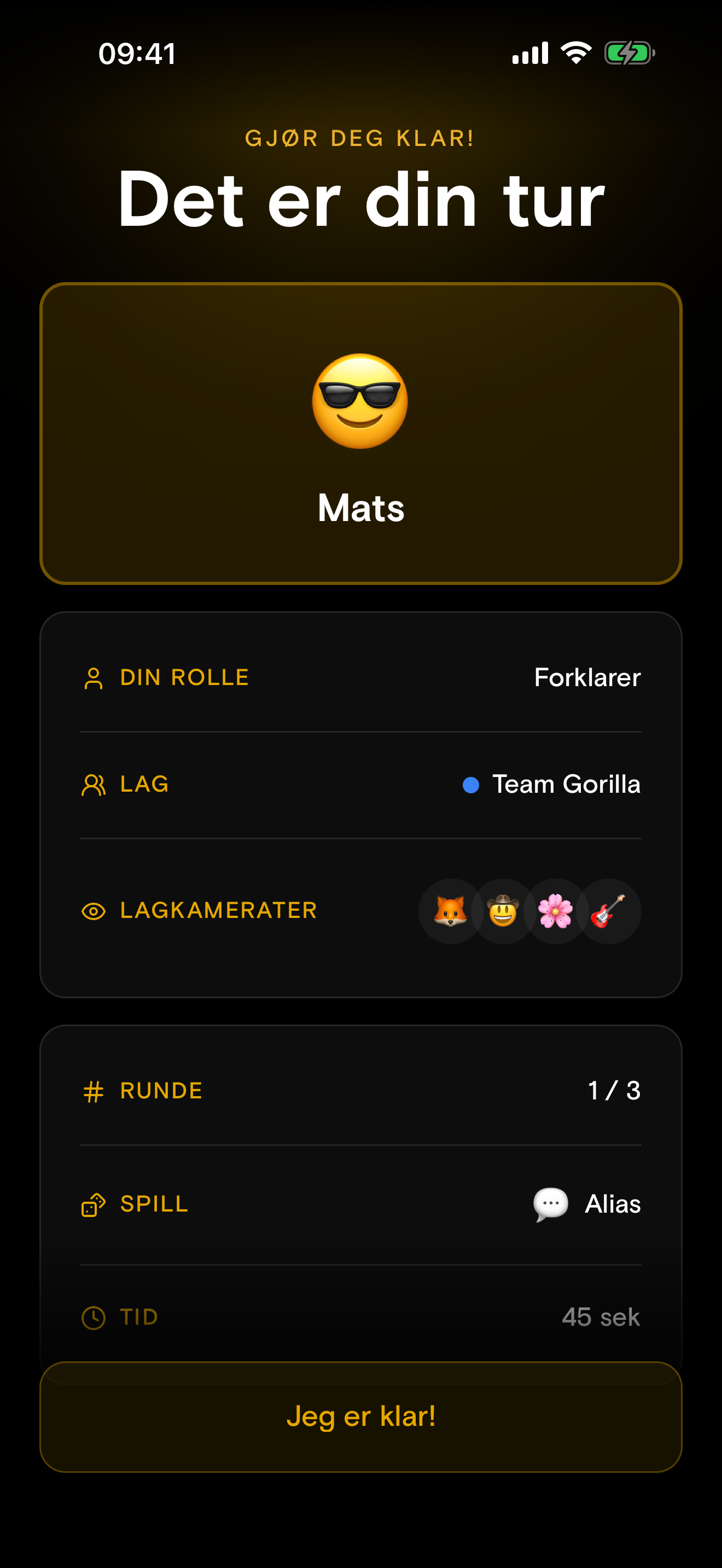Pre-round-skjerm i Gul Bolle med rundetype og spillerinfo
